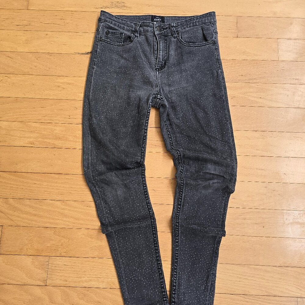 Obey | whimsygoth dark grey polka-dot high rise skinny jeans | WMS 27'